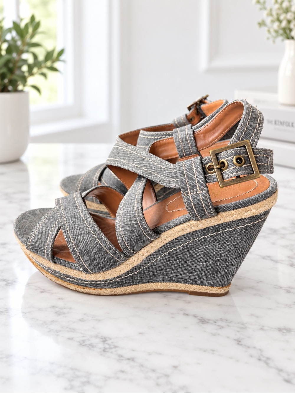 Hush Puppies Gray Espadrille Wedge Sandals with Buckle (worn once)
